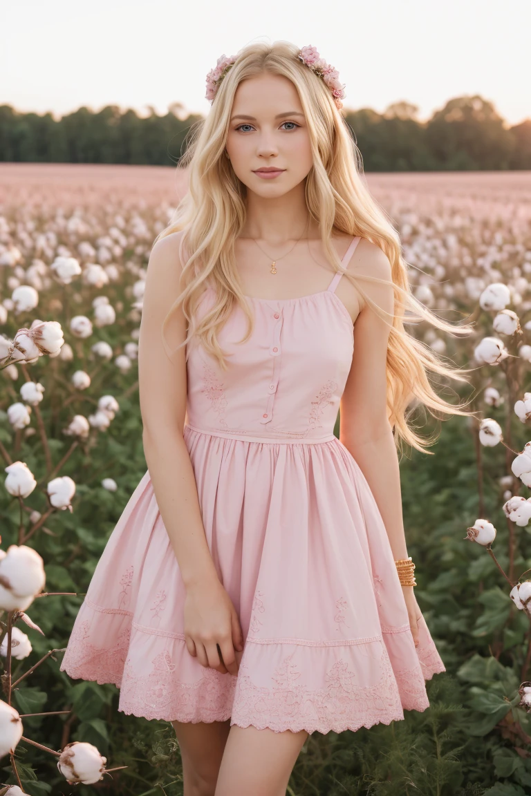 arafed woman in a pink dress posing in a field of cotton, a portrait by derek zabrocki, tumblr, renaissance, dressed in a pink dress, beautiful blonde girl, wearing a cute white dress, girl in a dress, anna nikonova aka newmilky, pink dress, blonde goddess, wearing a pink dress, pink golden hour, beautiful blonde woman