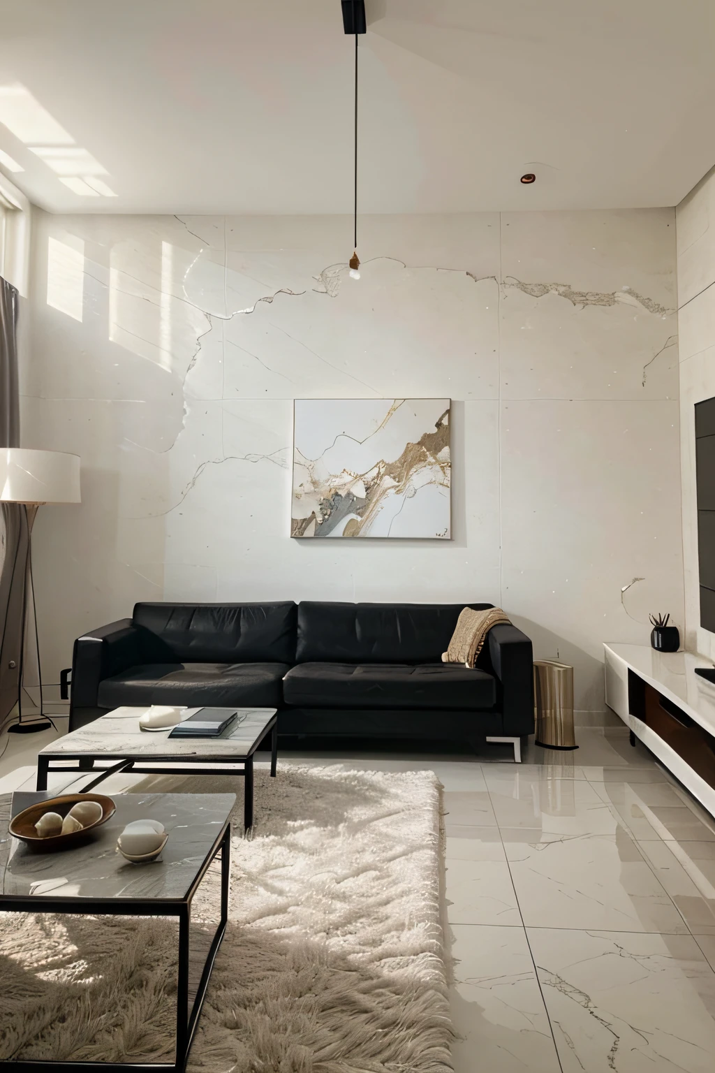 Beautiful, cozy and modern living room, with a face-mount hanging in the middle of the wall, portraying an abstract marble.
