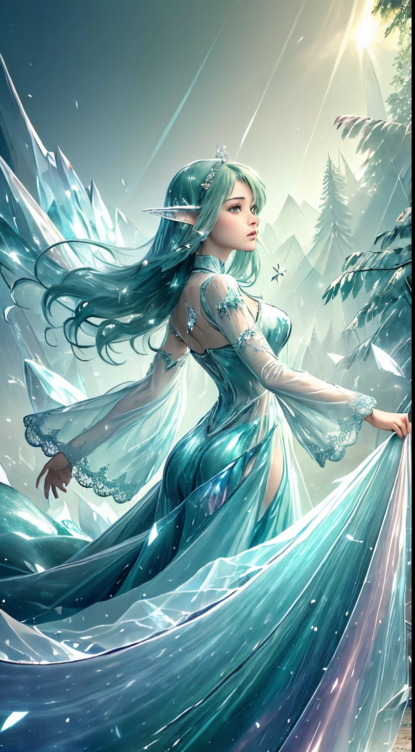 (Masterpiece, Top Quality, Best, Official Art, Beautiful and Aesthetic, Long Exposure: 1.2), Smooth Movement, Charming Patterns, 1 Girl, (Long Dress with Sleeves: 1.3), (((Green Clothes) )), upper body close-up, bare shoulders, Chinese girl, blush, black lob hair, portrait, solo, upper body, looking at the observer, detailed background, detailed face, (crystallineAI, crystalline theme:1.1), elemental wood elf, rotation foliage, control foliage, emerald clothing, dynamic pose, floating particles, ethereal dynamics, foliage, vapor, forest in the background, green tint, forest, ethereal atmosphere,