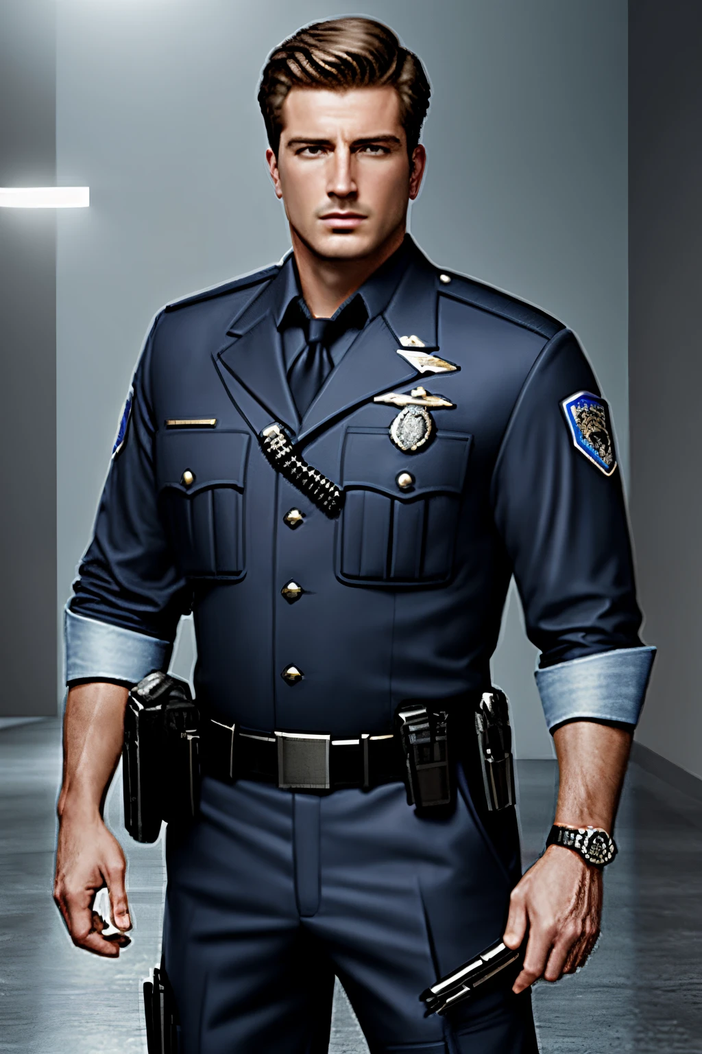 masterpiece, best quality, realistic, photorealistic, half body shot of a sci-fi policeman