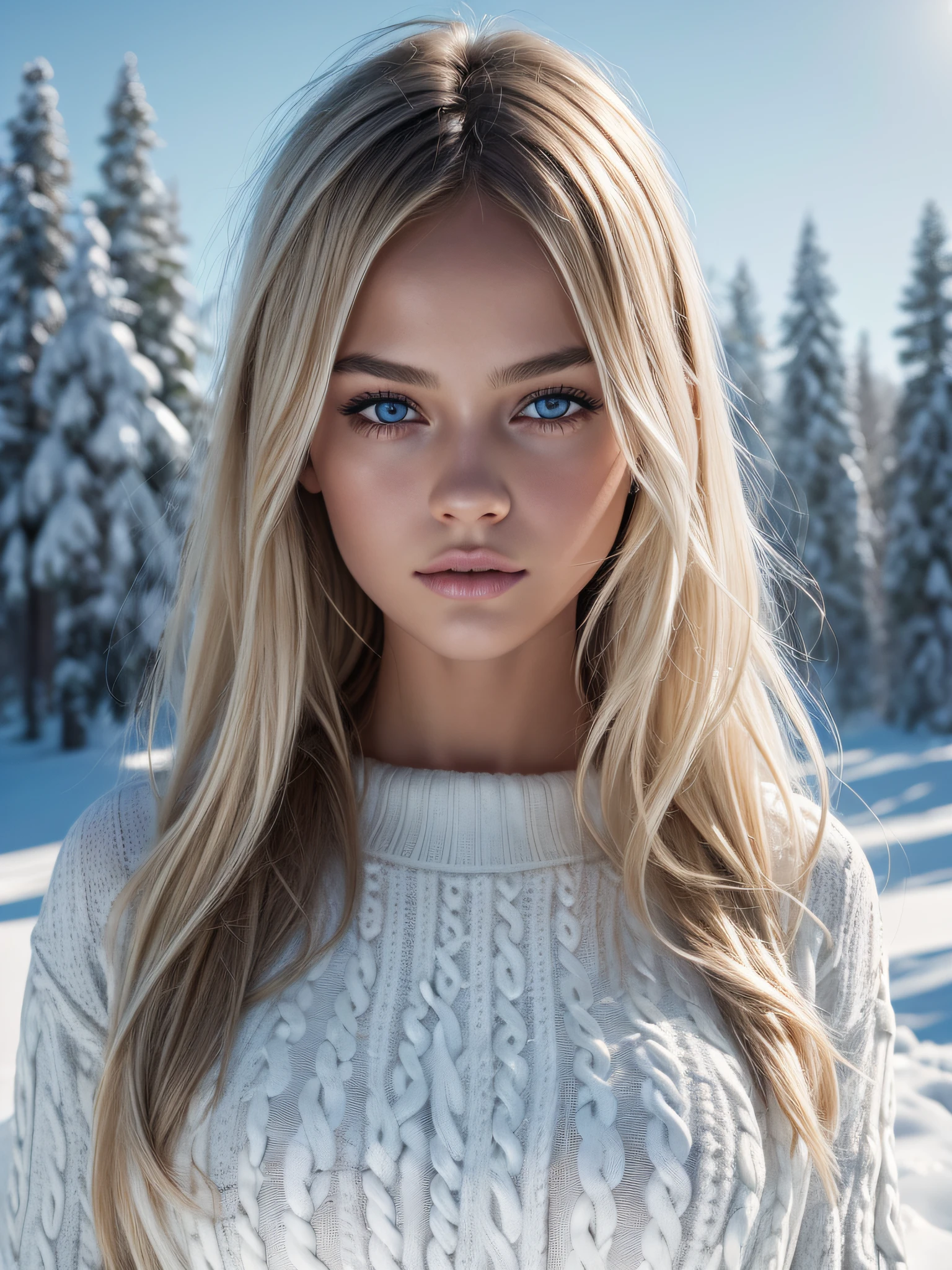 Kristina Pimenova, ultra detailed face, skinny body, white skin, long platinum blonde wavy messy hair, sunny winter snow, ground snow, ((front view, ultra detailed nordic eyes)), (((masterpiece, giant tits, giant breasts, white knit sweater))), photorealism, high contrast, photorealistic, photo, masterpiece, realistic, realism, photorealism, high contrast, photorealistic digital art trend on Artstation 8k HD high definition detailed realistic, detailed, skin texture, hyperdetailed, realistic skin texture, best quality, ultra high resolution, (photorealistic: 1.4), high resolution, detailed, raw photo, sharp re, camera kodak portra 400 lens f1.6 rich colors hyper realistic texture dramatic lighting irrealengine trend in artstation cinestill 800.