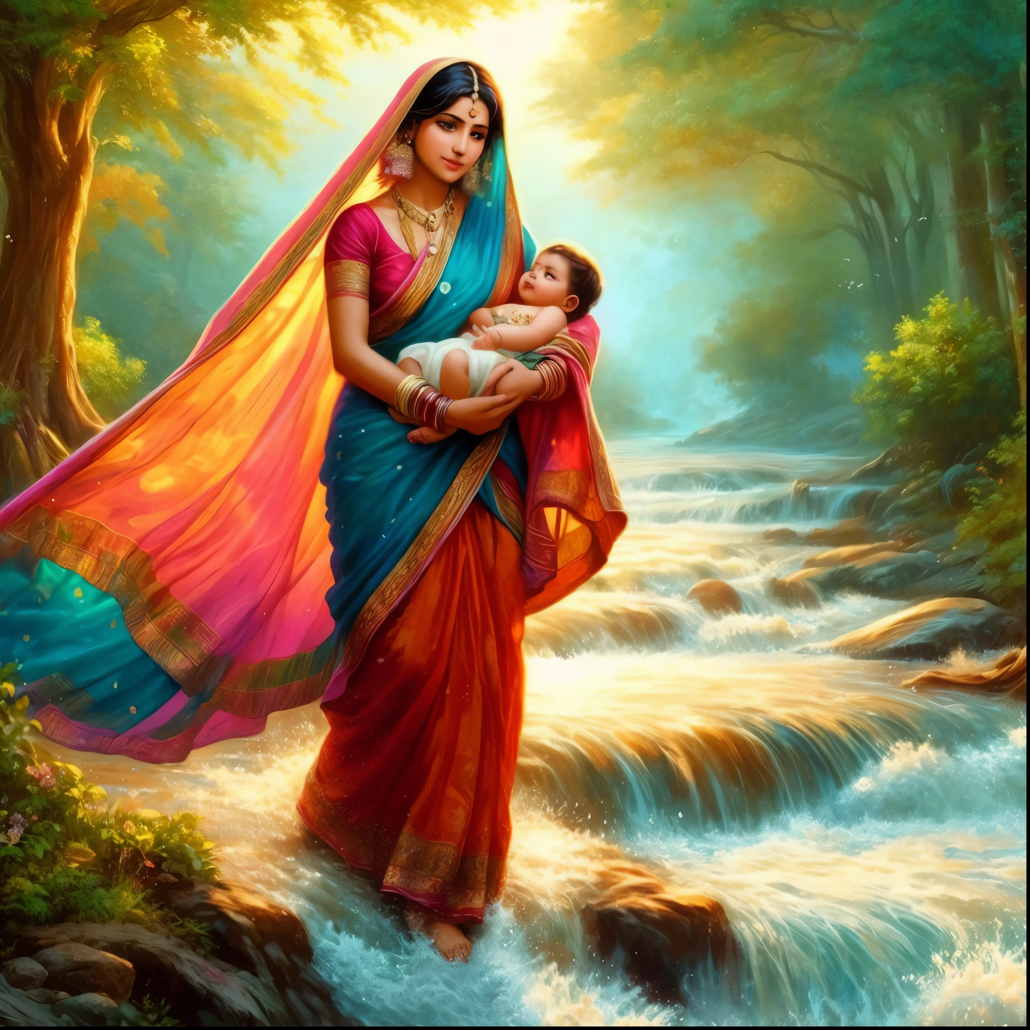 a woman holding a  in her arms in a painting, indian art, 8k stunning artwork, mother, maternal photography 4 k, detailed painting 4 k, beautiful digital artwork, beautiful depiction, beautiful art uhd 4 k, beautiful digital painting, by Saurabh Jethani, a beautiful artwork illustration, traditional beauty, 8k high quality detailed art, beautiful artwork