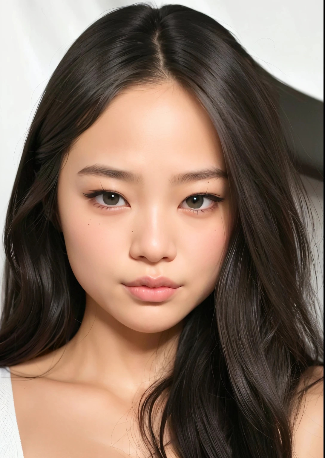 um close up de uma mulher com cabelos longos e um top branco, jennie blackpink, Asian face, korean face features, asymmetrical face, delineador preto de queixo redondo, korean symmetrical face, maquiagem sul-coreana popular, south east asian with round face, young adorable korean face, maquiagem coreana popular, Gongbi, bolsas oculares, com rosto redondo, asian beautiful face