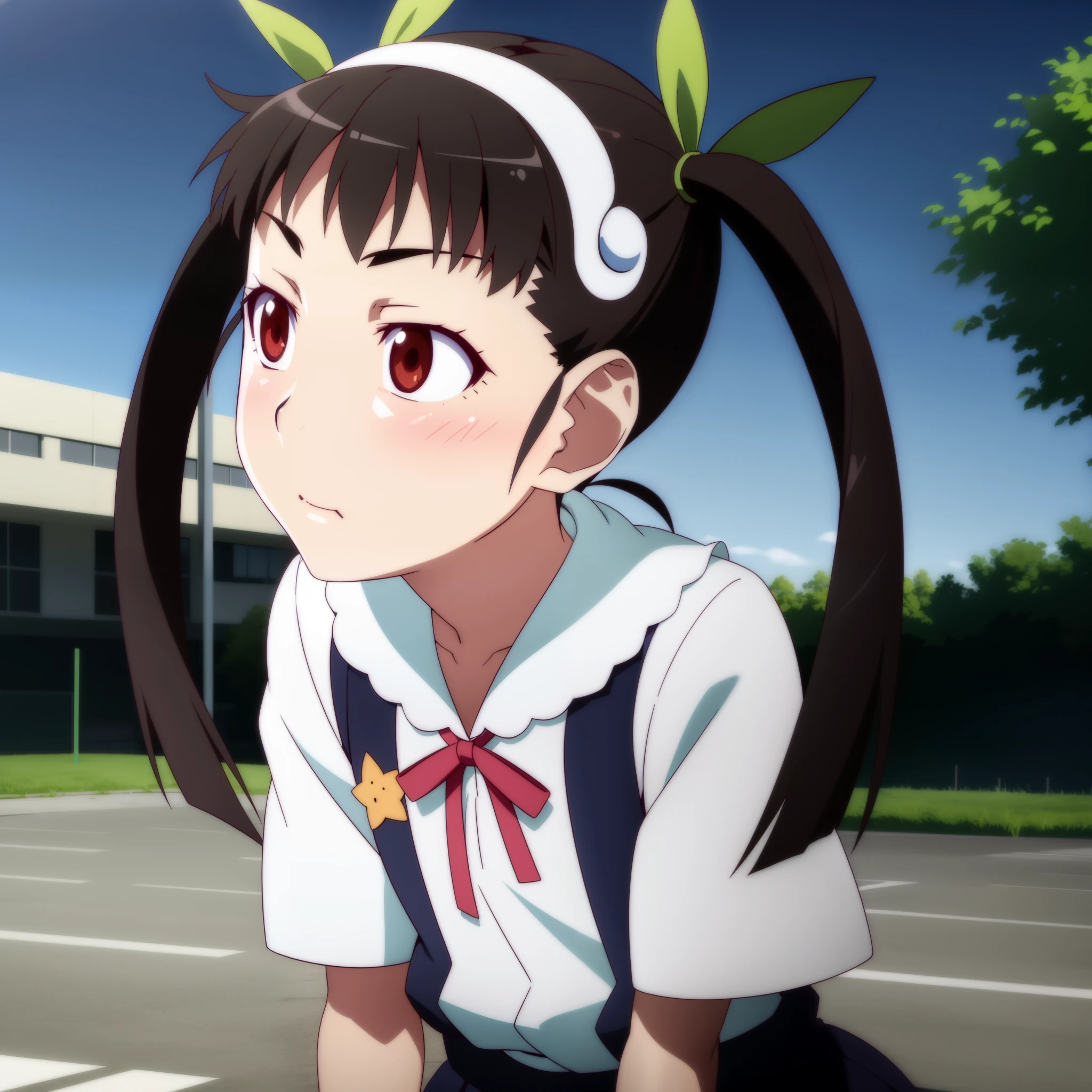 hachikuji mayoi, highres, absurdres,, pov, anime, anime screencap, suspenders, suspender skirt, skirt, shirt, jewelry, school uniform, bracelet, white shirt, (flat chest:1.1), red eyes, ,black hair, hair ribbon, twintails, hairband, long hair, outdoors, street, bloom, day, sunny,