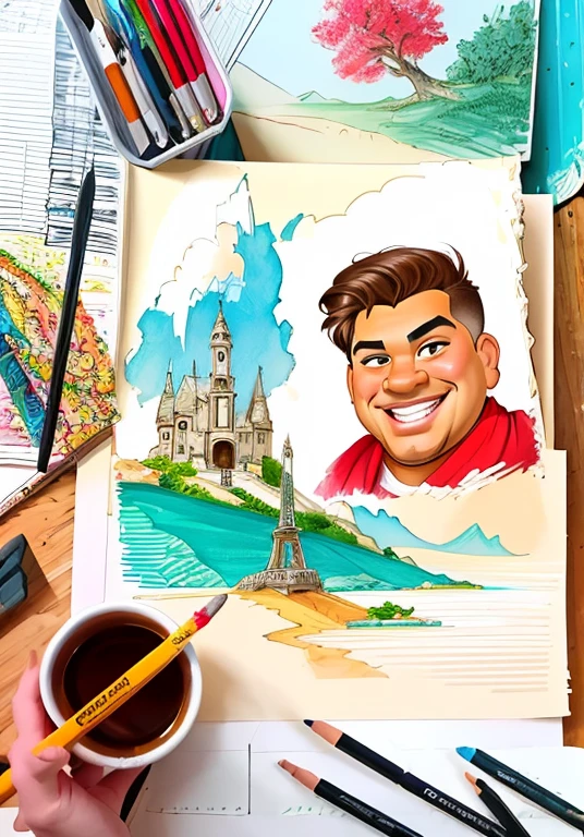 uma caricatura de um homem dirigindo um carro vermelho com uma torre ao fundo, caricature illustration, estilo caricatura, arte de pintura digital dos desenhos animados, arte dos desenhos animados, air brush illustration, pintura digital dos desenhos animados, caricatura, Pintura dos desenhos animados, Cartoon style illustration, caricatura!!!, desenho animado de arte digital, arte digital dos desenhos animados, caricatural, arte dos desenhos animados, in cartoon style, retrato dos desenhos animados