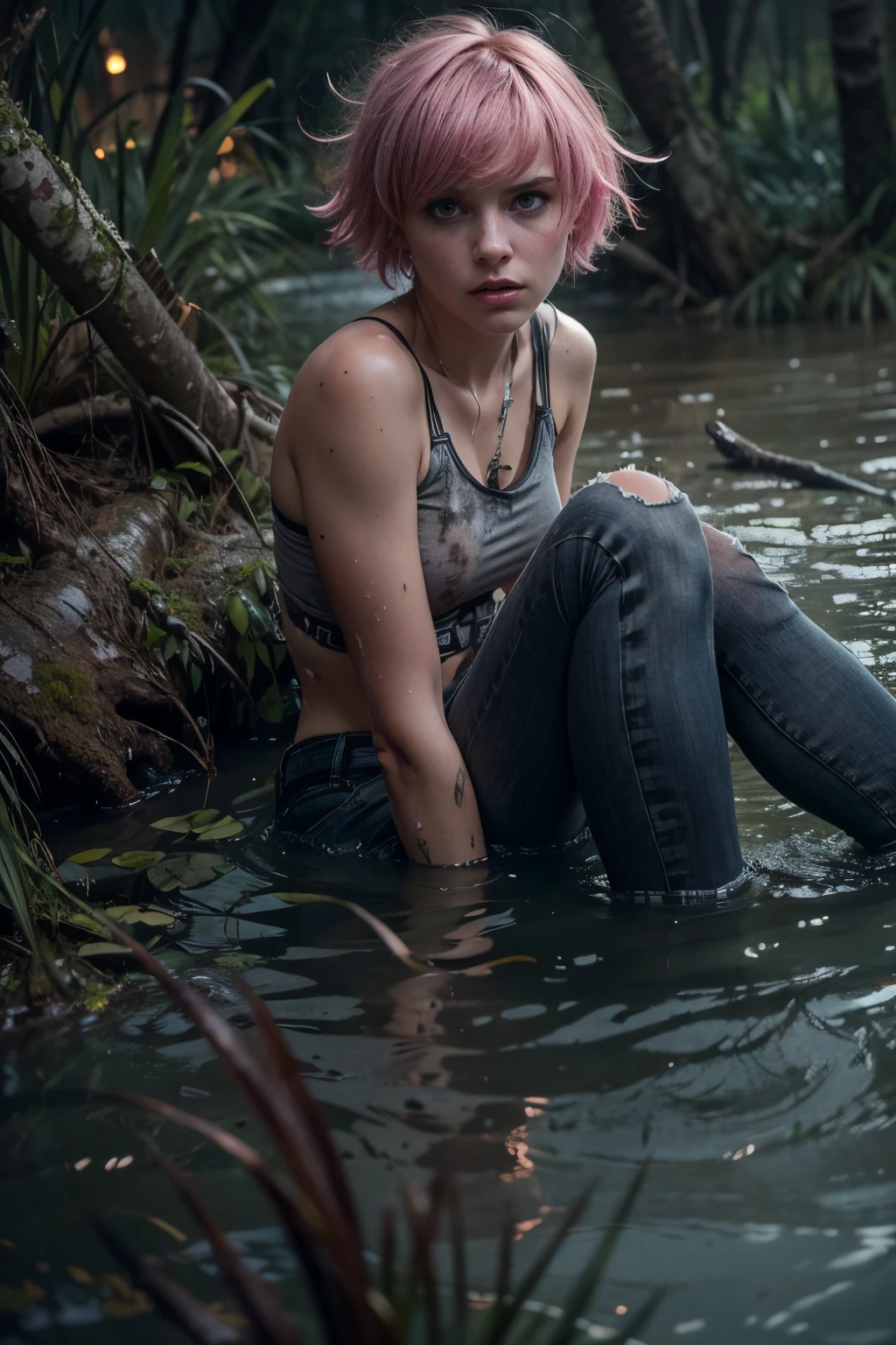 (Best Quality,hight resolution,Masterpiece, Overhead view:1.10),Ultra-detailed,The woman,Wide flares on jeans,sickly,drowning in a swamp,standingn:1.2, overcomes shame:1.3,gloomy ecstasy,dark gloomy atmosphere,gritty texture,melancholic expression on his face,mysterious aura,foggy background,Subtle color palette,provocative pose,Strong emotions,Coming Out of the Depths of Despair,Piercing gaze,intense shadows,Plunged in Darkness,Rugged terrain,ominous vibe,A supernatural sensation,asymmetrical bangs, freckles, pink short hair, Bangs, freckles, gray eyes,