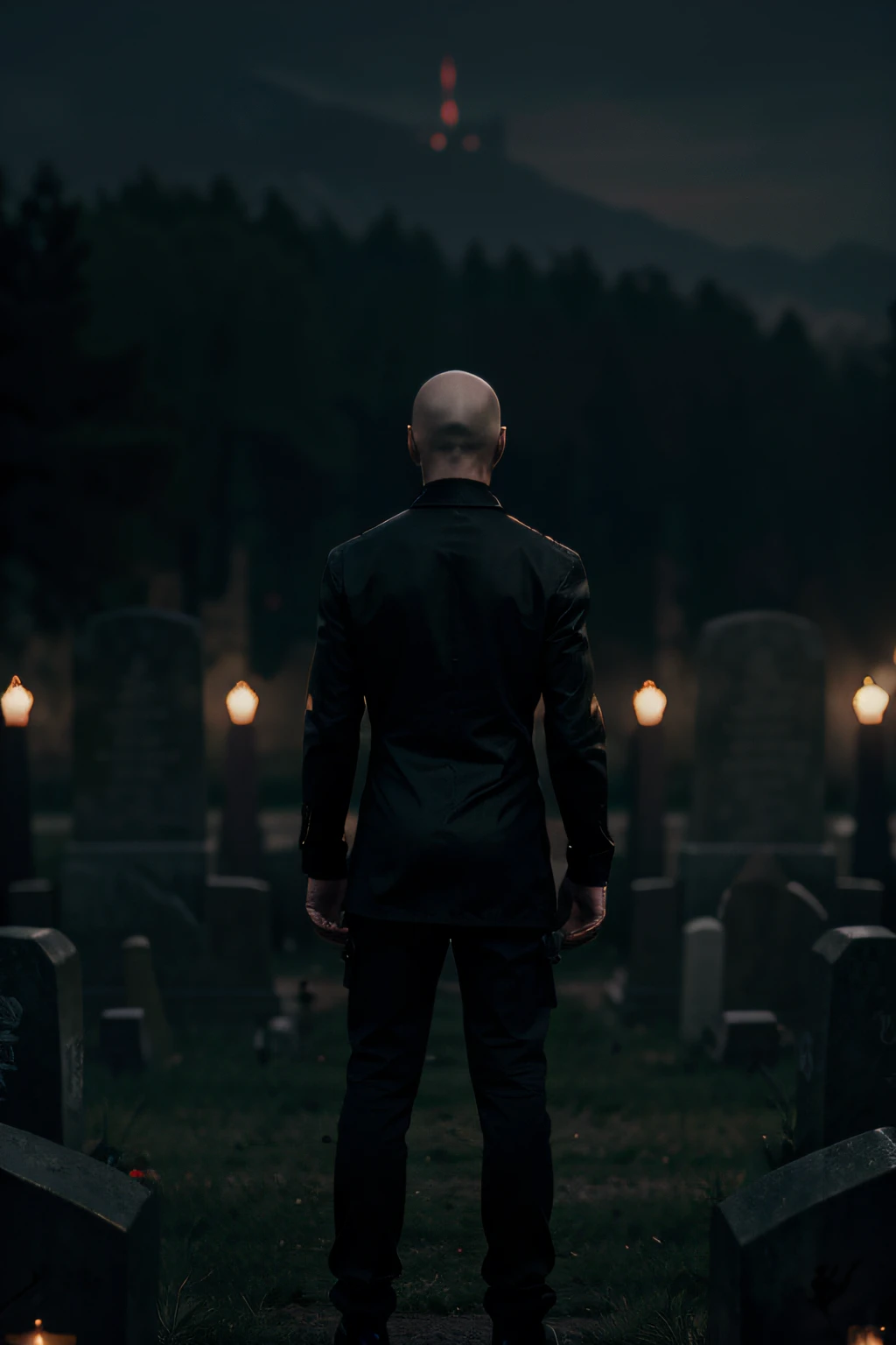 a thin, bald man, with his back turned, we can't see his face looking at a cemetery. This man wears an executioner's outfit and is on top of a tombstone 3d art 4k. background terror. in the night cenary there is bloog in his hands
