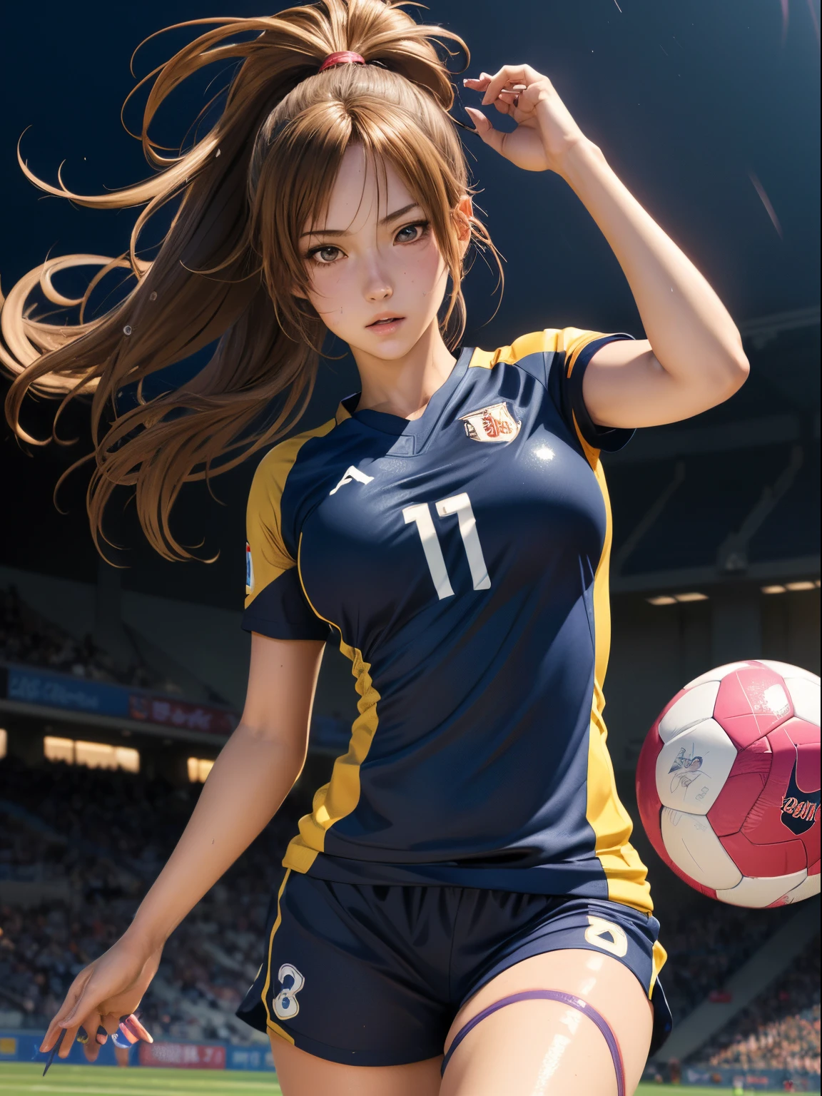 Best Quality, masutepiece,  High resolution, (Anime Heroine Illustration), Anime Paint, 1beautiful girl ,Dynamic Angle,Women's Soccer Players,Shoot the ball,small head,Large breasts,nice legs, Glowing skin, Sweat,At the soccer venue ,(Detailed beautiful face:1.4),detailed skins,Detailed eyes,detailed hairs,Detailed beautiful legs,Sporty,