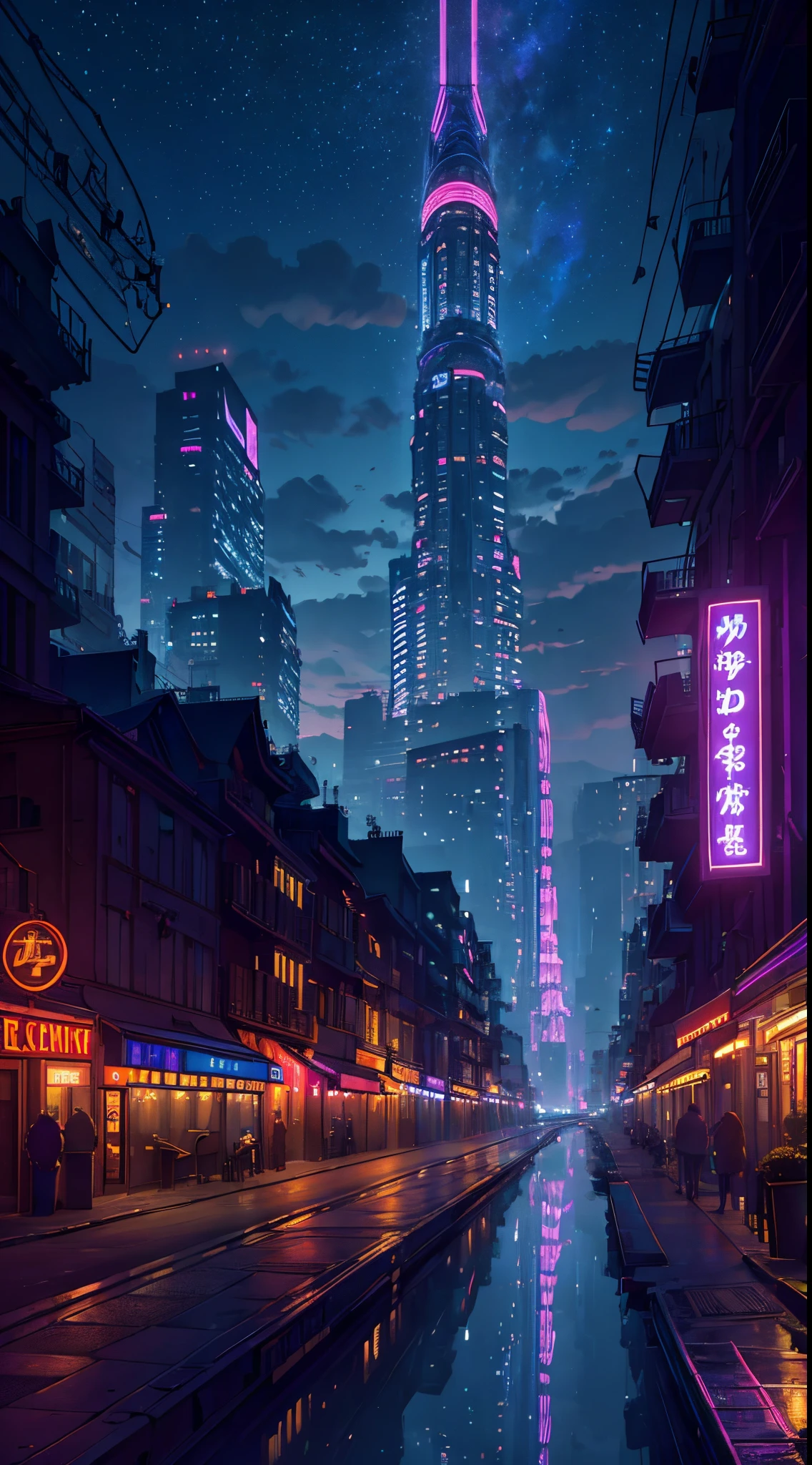 (best quality,4k,8k,highres,masterpiece:1.2),ultra-detailed,(realistic,photorealistic,photo-realistic:1.37),landscape,neon style,purple,navy blue,lilac,red lights,reflection,night city,bustling streets,futuristic buildings,metropolis vibes,magical atmosphere,dreamy clouds,palm trees silhouettes,glowing signs,shimmering water,mysterious shadows,nightlife district,passionate energy,hustle and bustle,inviting alleyways,enchanted feeling,star-filled sky,vibrant colors,dynamic composition,electric ambiance,dazzling cityscape,neon glow,urban charm,awe-inspiring view,serene river,majestic skyline,modern architecture,nighttime enchantment,immersive experience,captivating scenery,ethereal beauty,striking contrasts,dim lighting effects,endless possibilities.