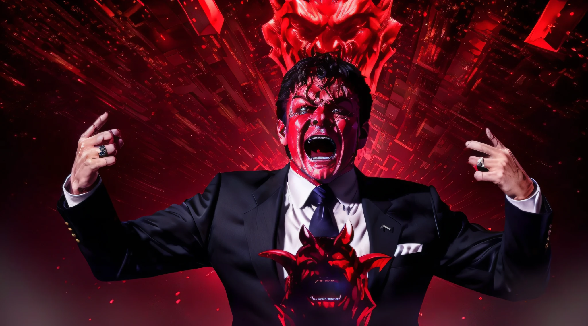 arafed image of a man with demon face in a suit and tie with his hands up, he is screaming to hell, javier milei face, demom man screaming, mad man screaming demon, meme template, inspired by hell , the demon man is screaming and sad, render, yawning, marvano, unbiased render, hell background video still