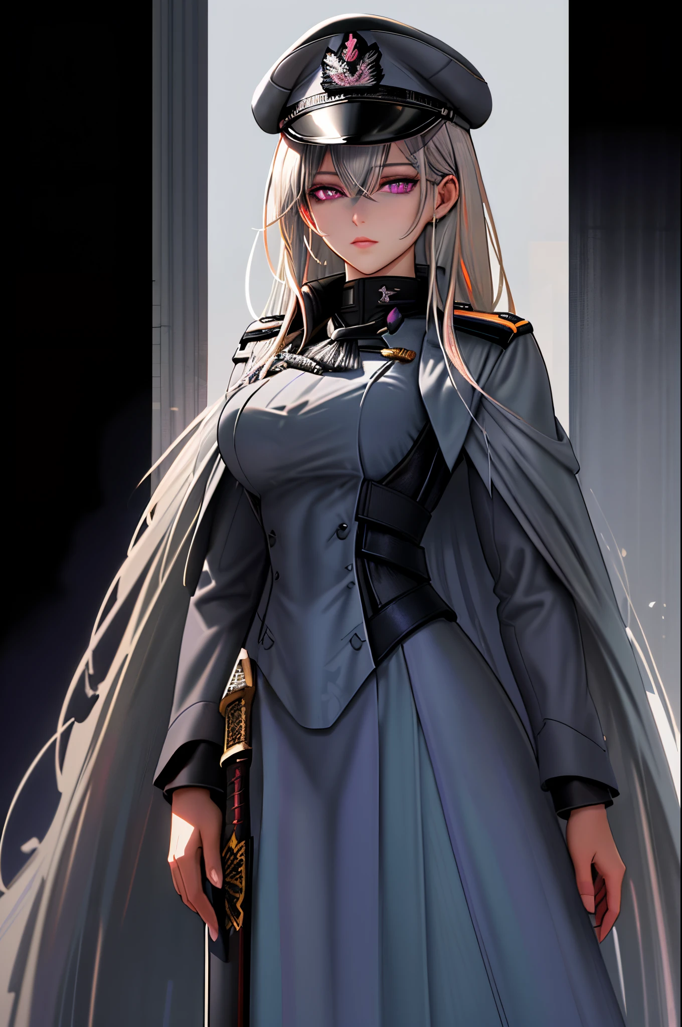 This image is a digital illustration made by MSchiffer with dynamic dark lines in cel-shaded style, showing the spectacular beauty of a young adult woman, who wears military clothing. Holding a large sword, She has grayish white hair, wears a military hat, Violet eyes, She is looking at the viewer. Very low point of view. Tetradic colors.