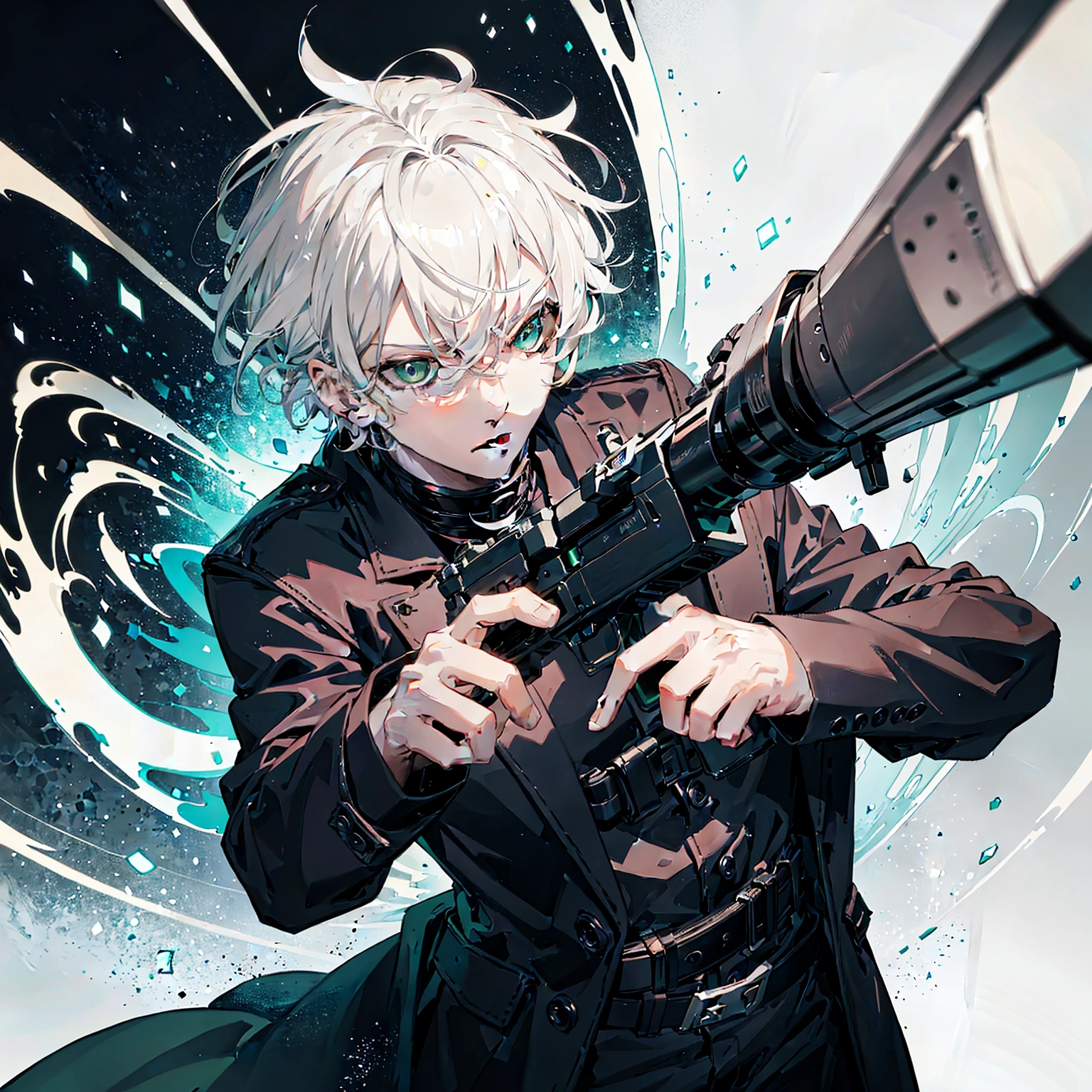 1 man,white hair,green eyes,wearing a black coat,serious expression,pointing gun at viewer