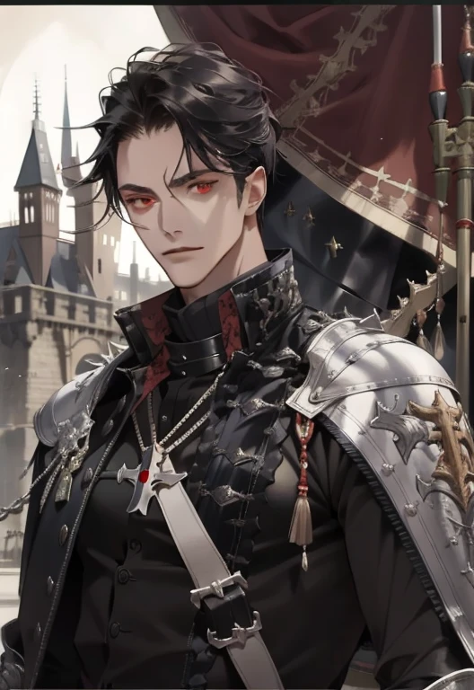 1male, handsome, lean and broad shoulders, black hair, dark red eyes, wearing black attire fitting for medieval nobility , condescending and calm expression