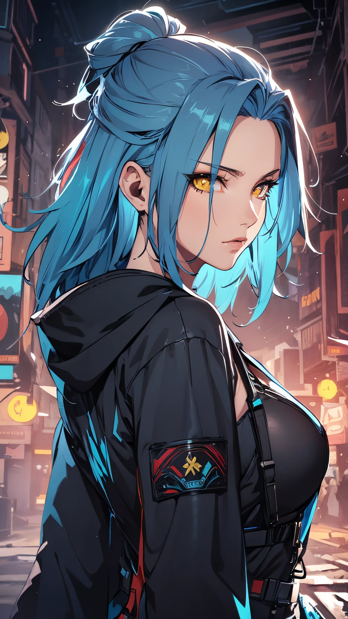 1female, blue hair, yellow eyes, wearing modern combat suit, beautiful, model, 4k, official art, highly detailed, masterpiece