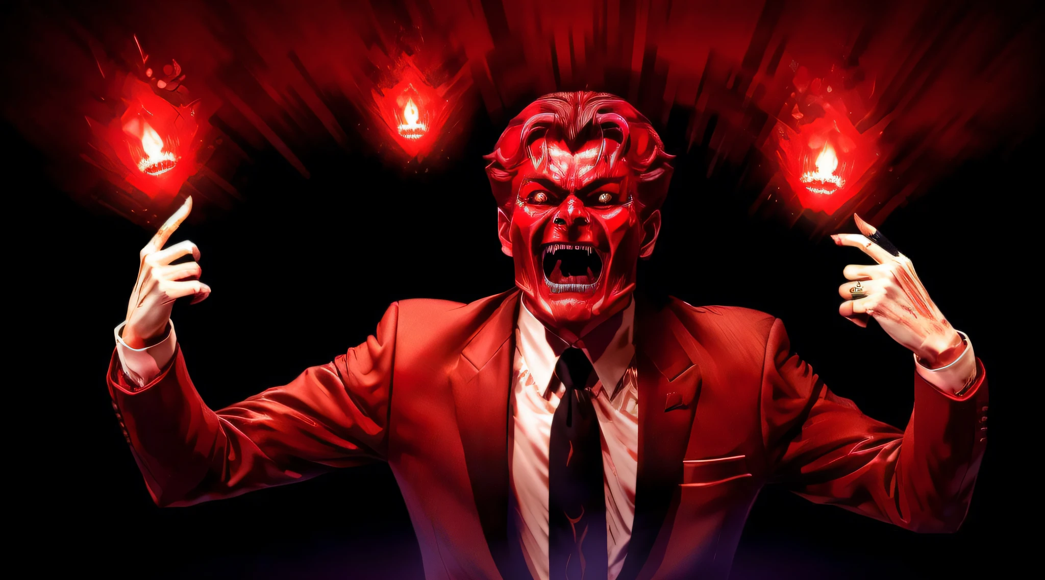 arafed image of a man with demon face in a suit and tie with his hands up, he is screaming to hell, javier milei face, demom man screaming, mad man screaming demon, meme template, inspired by hell , the demon man is screaming and sad, render, yawning, marvano, unbiased render, hell background video still