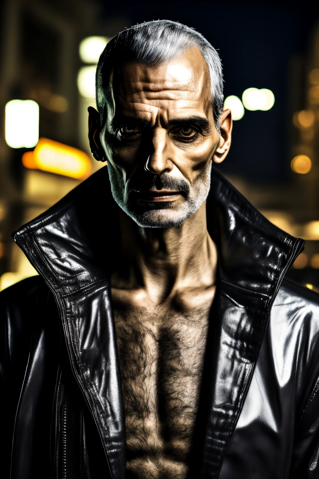 outdoor, cyberpunk, night, a RAW photo a skinny man in futuristic clothes, closeup, 45 yo, (Freddie Mercury:0.7), muted colors hyper detailed skin, (moles:1.12), photojournalism low light