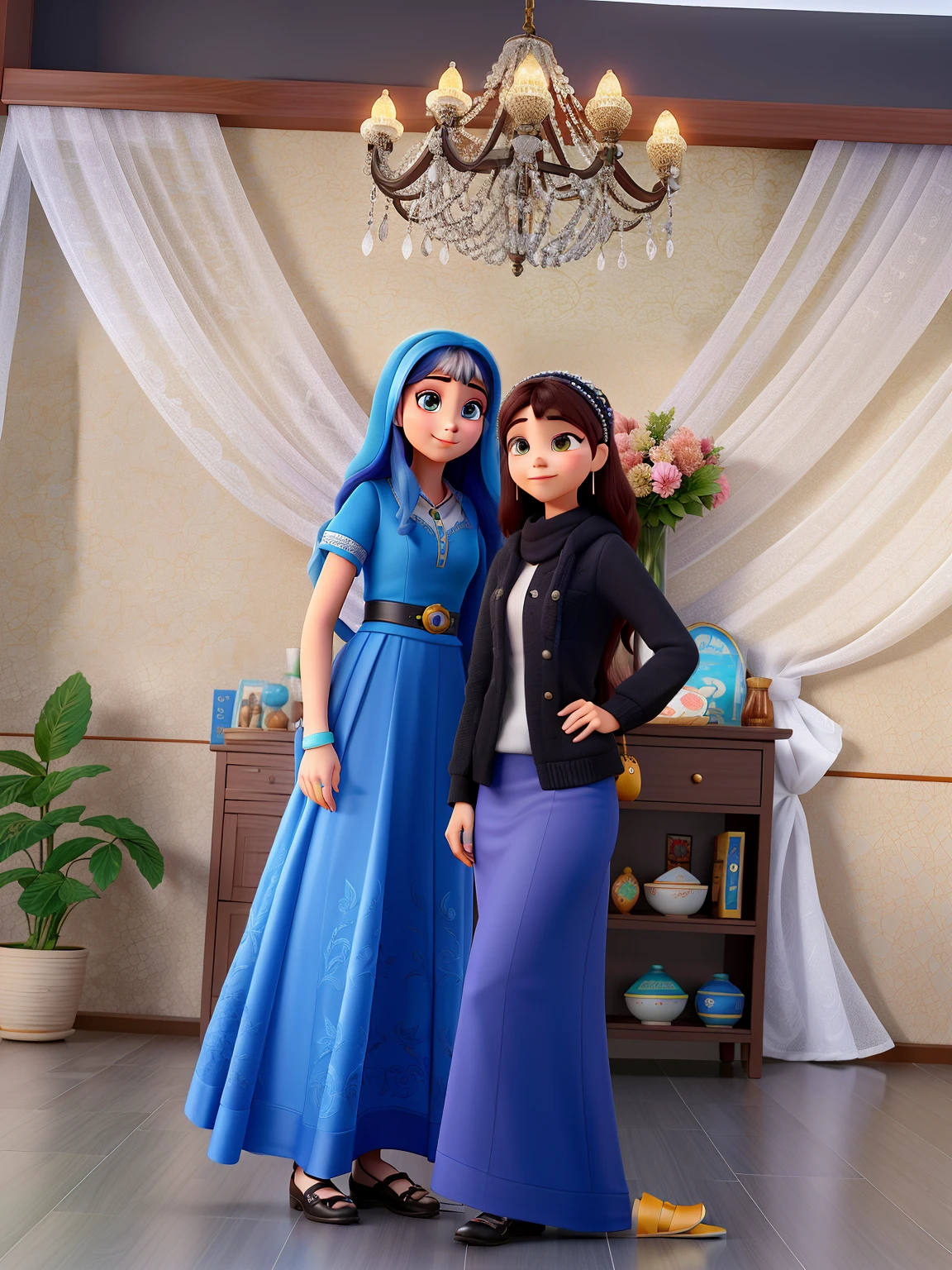 Disney pixar 3d. yan yana duran iki kız. biri kahverengi uzun dalgalı saçlı, beyaz tenli ve kahverengi gözlü, şeftali tonlarında bir makyajı ve Indigo mavisi uzun yırtmaçlı askıları taşlı bir abiye elbisesi var, diğeri beyaz tenli ela gözlü, morcivert türbanı ve morcivert uzun kolları kapalı tesettür abiye giymiş. düğün salonundalar.