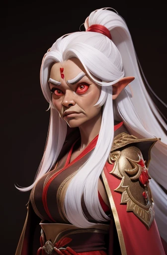 masterpiece, best quality, 1 old lady, brown skin, white hair, long hair, very ugly, scary, Indonesian, red magic robes, simple background, solo, upper body