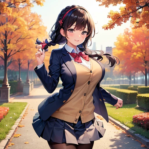 ((masterpiece,best quality)), highres, extremely detailed 8K wallpaper, big boobs, cheerful, greeting, morning, smile, school uniform, blazer, cardigan, jacket, long sleeves, pleated skirt, white shirt, mini skirt, smiling face, tights, fascinator, braid, sunny, from front, autumn, sunshine, autumn, morning, greeting, whole body