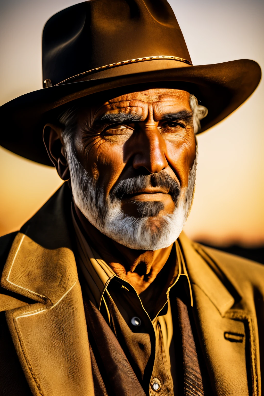 outdoor, old wild west, golden hour, a RAW photo a gunslinger man with a nice hat and a colt, closeup, 50 yo, muted colors hyper detailed skin, (moles:1.12), photojournalism low light