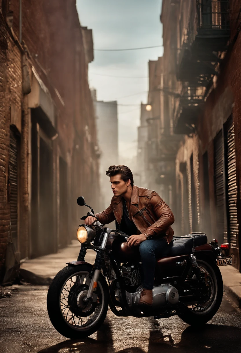 The image is of Marcus sitting on a motorcycle in front of a gritty urban backdrop, wearing a leather jacket and smoking a cigarette.,original,Marcus has curly brown hair, brown eyes, various scars from getting into fights, famously portrayed by Benjamin Wadsworth