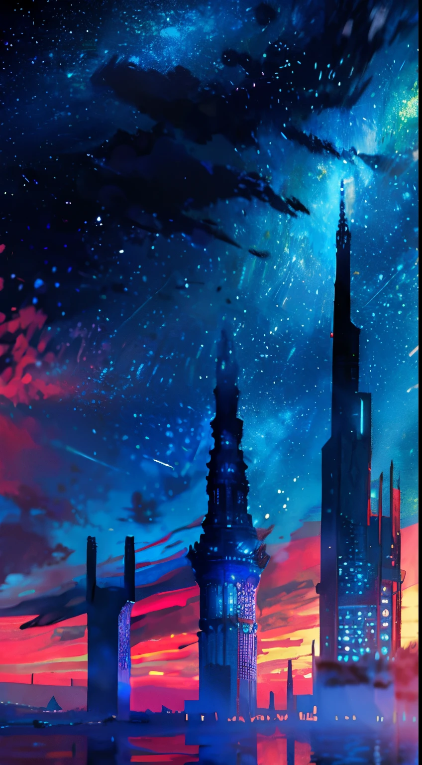towers of god, blue towers, violet, blue, red, god, red sky, violet sky, starry sky, stars, starry towers, starry god, light blue, civilization, order
