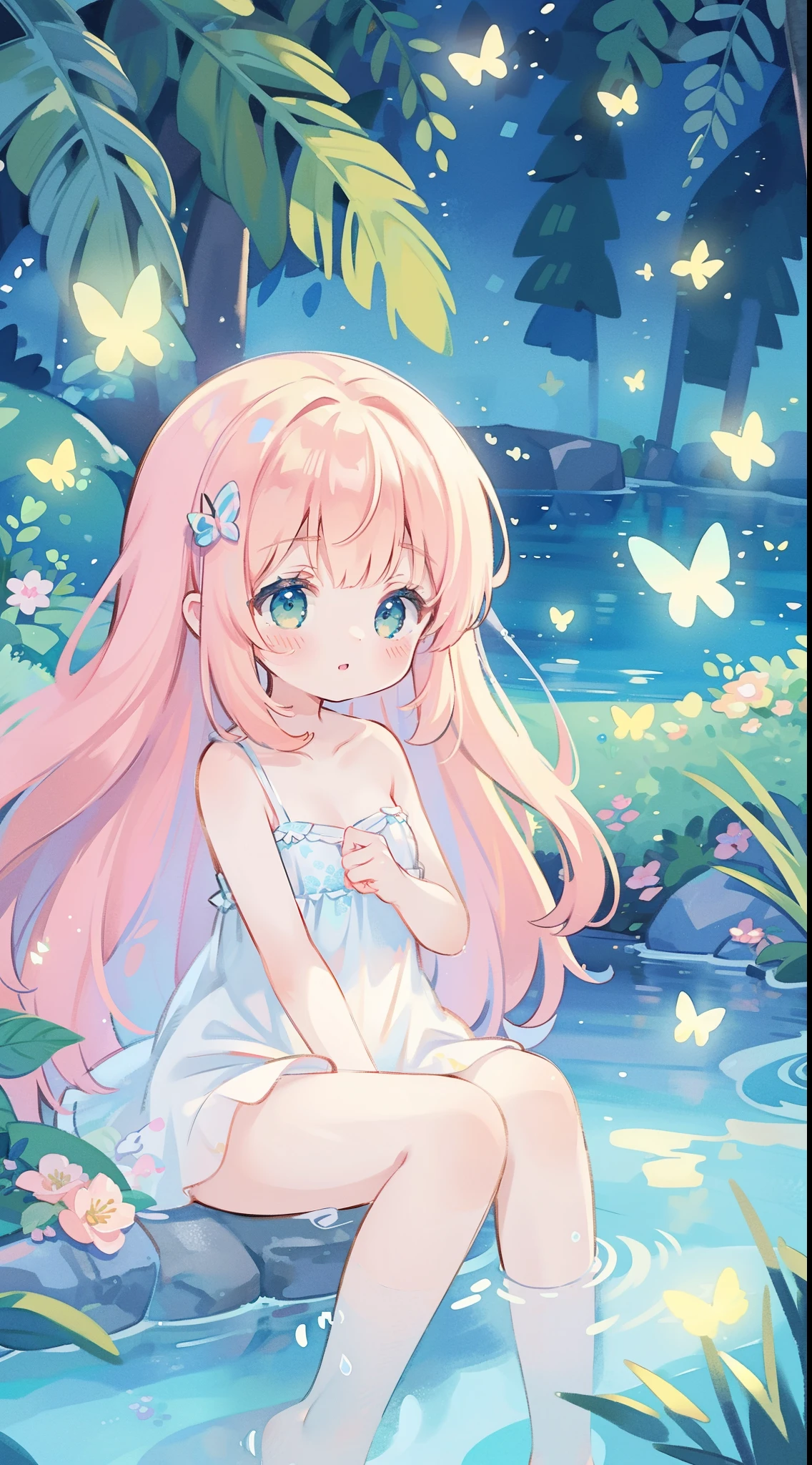watercolor illustration, vibrant pastel colors, dreamy, colorful, whimsical, magical, masterpiece, best quality, sharp focus, intricately detailed environment, fine detail, 8k resolution, waterfall lagoon, water nymph girl, (magical lagoon), (waterfall, lake), (beautiful water spirit girl swimming in water), glowing lights, fireflies, glowing butterflies