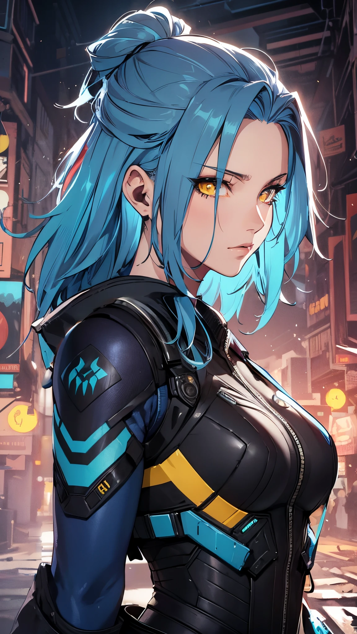 1female, blue hair, yellow eyes, wearing modern combat suit, beautiful, model, 4k, official art, highly detailed, masterpiece