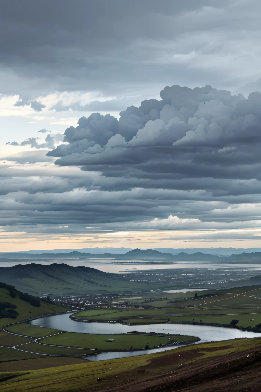 Former landscape, mountainous terrain, hilly region, cloudy sky, grey clouds, no sun, stormy, norse lands