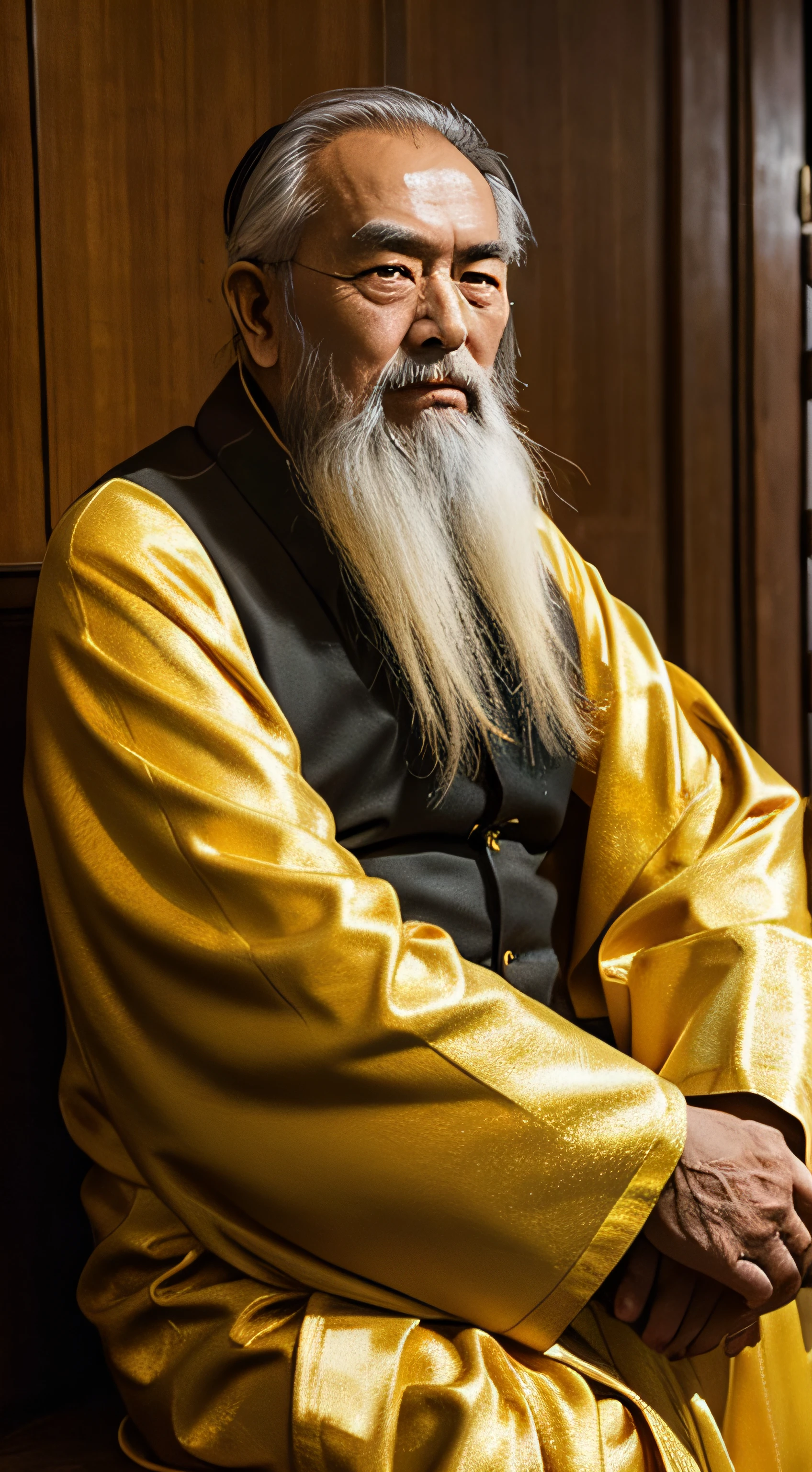 Chinese old man with long beard, wearing a golden robe