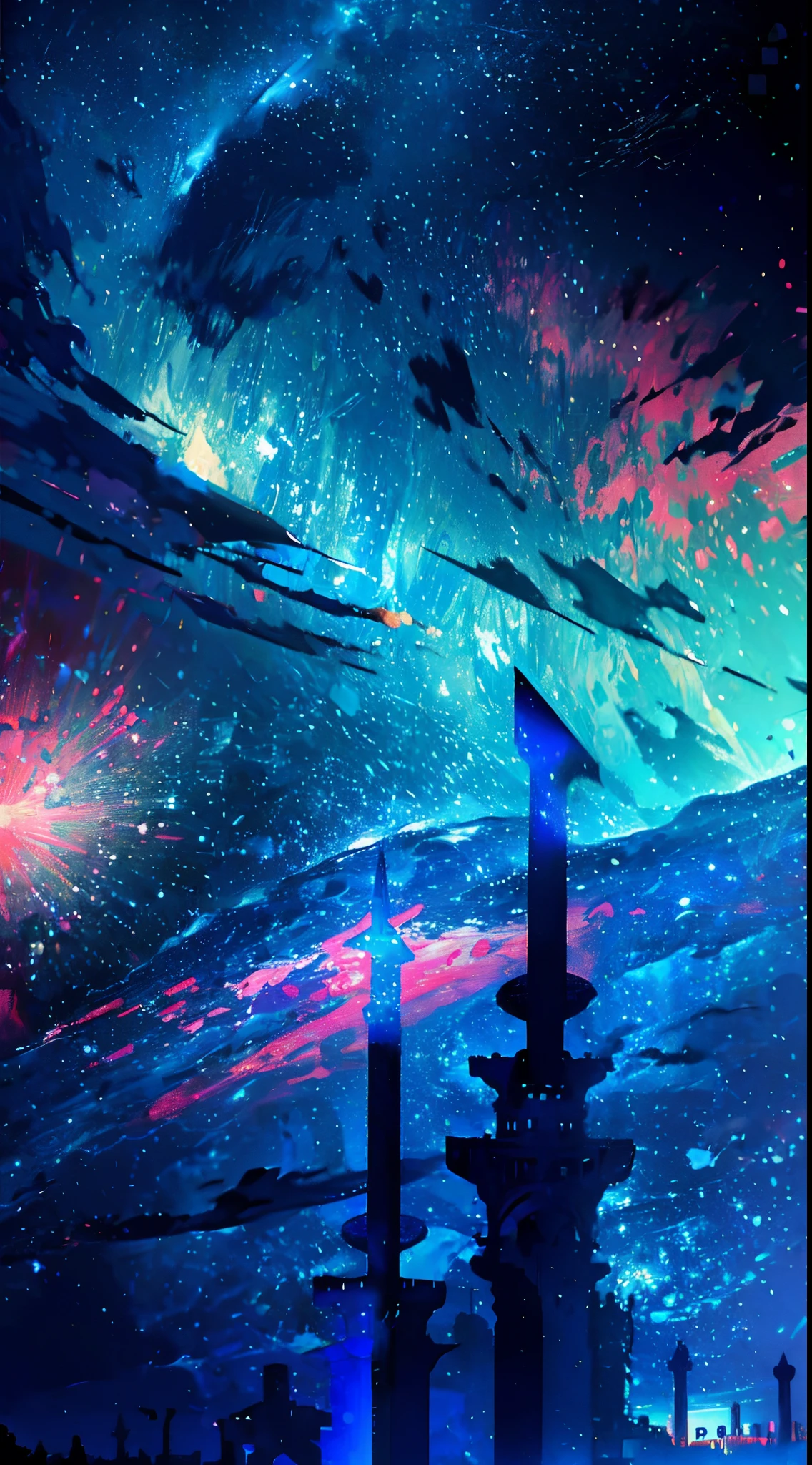 towers of god, blue towers, violet, blue, red, god, red sky, violet sky, starry sky, stars, starry towers, starry god, light blue, civilization, order