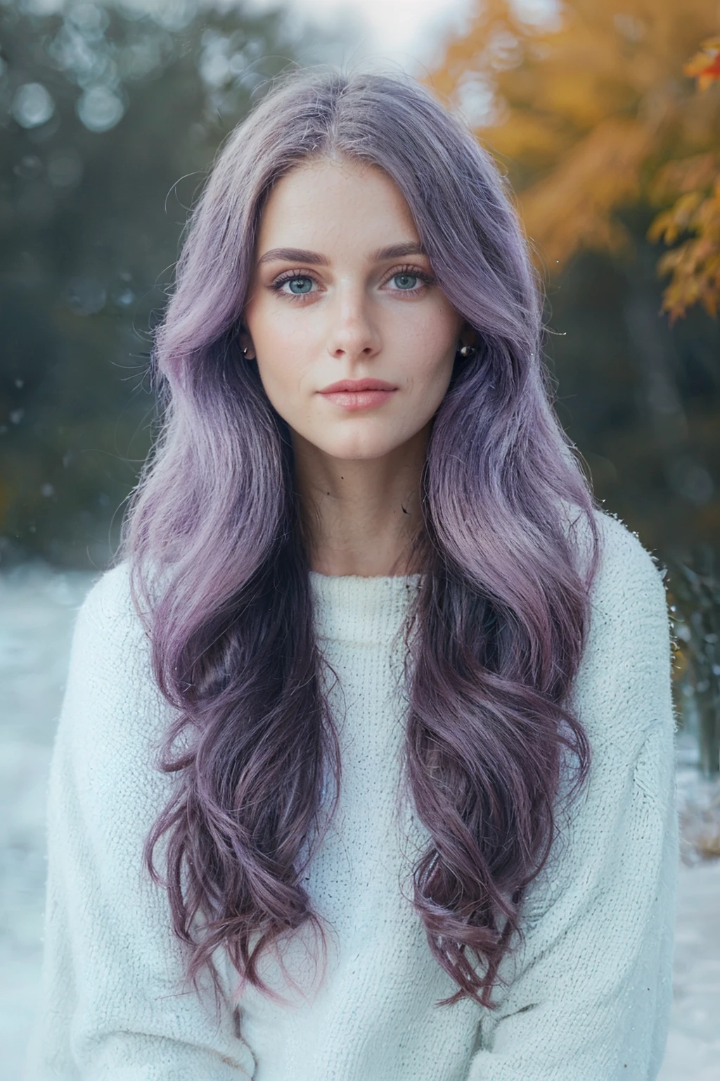 Photo of a beautiful woman looking at the camera, hombro, cintas para el cabello, Retrato de medio cuerpo, Colores pastel, Autumn lights, nieve y neblina