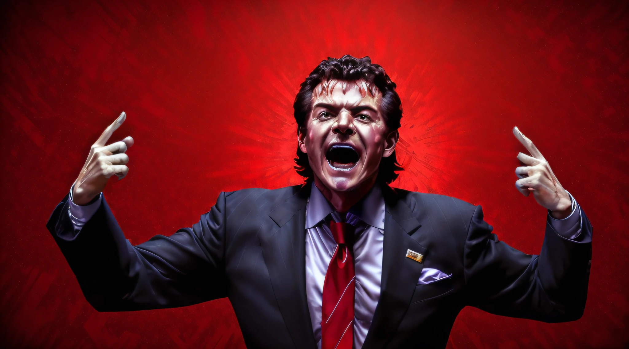 arafed image of a man with demon face in a suit and tie with his hands up, he is screaming to hell, javier milei face, demom man screaming, mad man screaming demon, meme template, inspired by hell , the demon man is screaming and sad, render, yawning, marvano, unbiased render, hell background video still