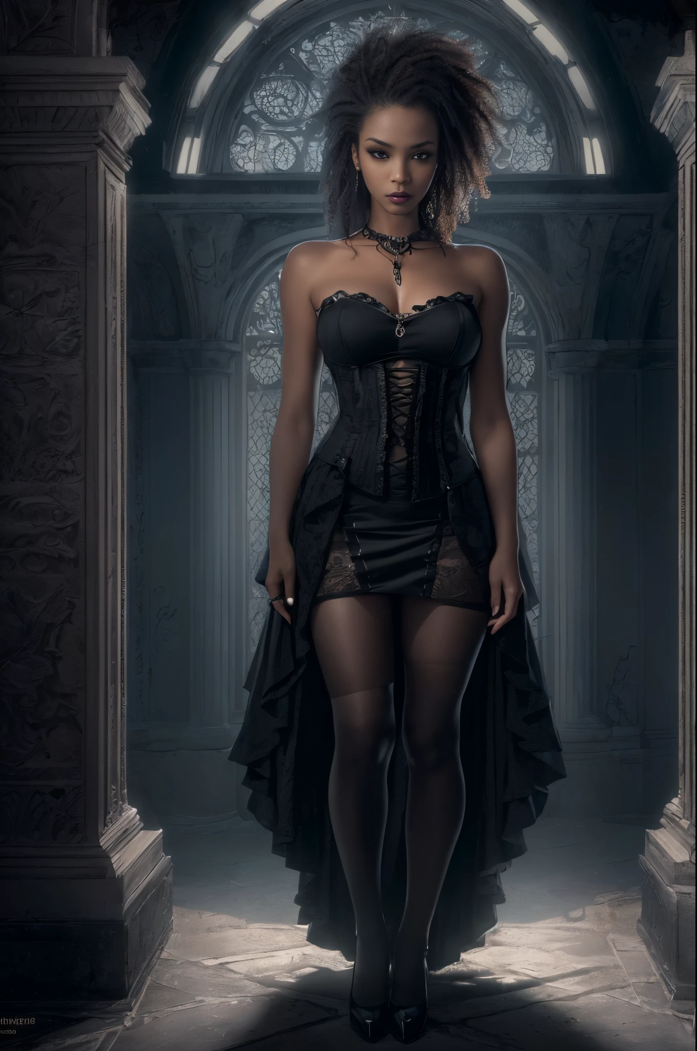 (best quality, 4k, 8k, highres, masterpiece:1.2), ultra-detailed, (realistic,photorealistic,photo-realistic:1.37), gorgeous light skin black woman, vampire, seductive gaze, elegant posture, gothic background, sensual beauty, gothic fashion, black gothic miniskirt, pantyhose, dark colors, moody lighting, full body pose
