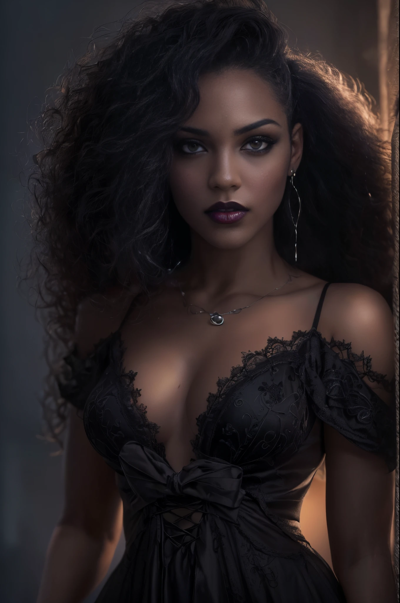 (best quality, 4k, 8k, highres, masterpiece:1.2), ultra-detailed, (realistic,photorealistic,photo-realistic:1.37), gorgeous light skin black woman, vampire, seductive gaze, elegant posture, gothic background, sensual beauty, gothic fashion, black gothic mini gown, pantyhose, dark colors, moody lighting, full body pose