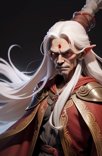 masterpiece, best quality, 1 witch, brown skin, white hair, long hair, skinny, very ugly, scary, very old, Indonesian, red magic robes, simple background, solo, upper body