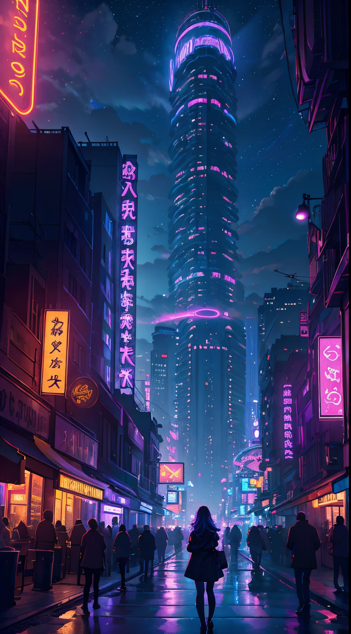 (best quality,4k,8k,highres,masterpiece:1.2),ultra-detailed,(realistic,photorealistic,photo-realistic:1.37),landscape,neon style,purple,navy blue,lilac,red lights,reflection,night city,bustling streets,futuristic buildings,metropolis vibes,magical atmosphere,dreamy clouds,palm trees silhouettes,glowing signs,shimmering water,mysterious shadows,nightlife district,passionate energy,hustle and bustle,inviting alleyways,enchanted feeling,star-filled sky,vibrant colors,dynamic composition,electric ambiance,dazzling cityscape,neon glow,urban charm,awe-inspiring view,serene river,majestic skyline,modern architecture,nighttime enchantment,immersive experience,captivating scenery,ethereal beauty,striking contrasts,dim lighting effects,endless possibilities.