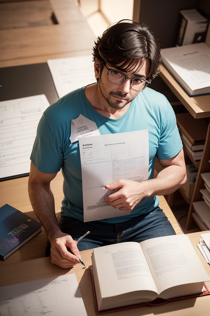 1 mangaka (homem adulto; por volta dos 30 anos de idade), average physical size (um pouco forte), square glasses, roupas comuns do dia-a-dia, in a studio making drawings on a drawing table, around common furniture (estantes de livros, mesas e outros), ((good ilumination)), imagem estilo fotografia (melhor qualidade), perspectiva de frente (olhando para quem estiver a obsevar a imagem), 3d, realista, HDMI, imagem perfeita, sem ruidos