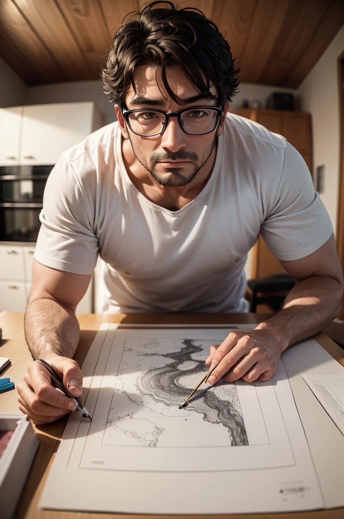 1 mangaka (homem adulto; por volta dos 30 anos de idade), average physical size (um pouco forte), square glasses, roupas comuns do dia-a-dia, in a studio making drawings on a drawing table, around common furniture (estantes de livros, mesas e outros), ((good ilumination)), imagem estilo fotografia (melhor qualidade), perspectiva de frente (olhando para quem estiver a obsevar a imagem), 3d, realista, HDMI, imagem perfeita, sem ruidos