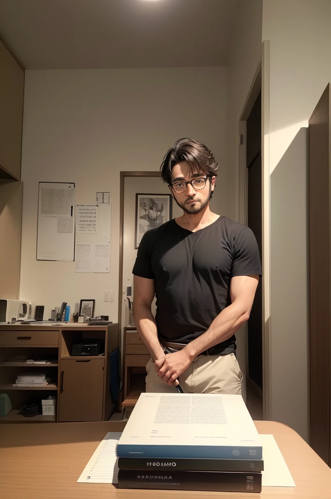 1 mangaka (homem adulto; por volta dos 30 anos de idade), average physical size (um pouco forte), square glasses, roupas comuns do dia-a-dia, in a studio making drawings on a drawing table, around common furniture (estantes de livros, mesas e outros), ((good ilumination)), imagem estilo fotografia (melhor qualidade), perspectiva de frente (olhando para quem estiver a obsevar a imagem), 3d, realista, HDMI, imagem perfeita, sem ruidos