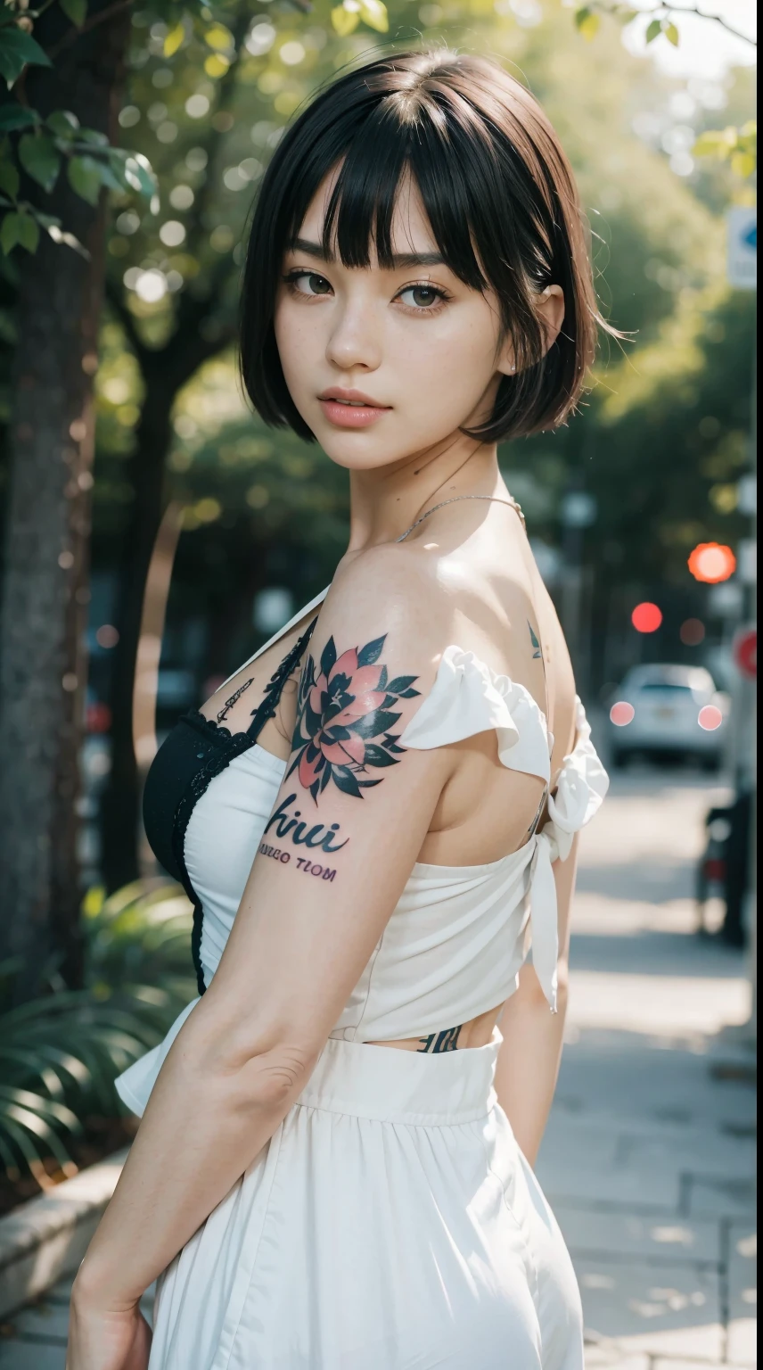 ((korean woman)), urban at night, neons, Perfect starry sky, UHD, hoog detail, highly quality, super detaill, Ultra-fine illustration, 16k, odd eyes, Ghibli, Grey hair, micro bikini, Plain Bikini, ((Bikini with less fabric)), large eyes, long eyeslashes, very long eyelashes, Ethnic tattoos, (Tattoos that cover the entire body), ((Many tattoos)), tattoo on chest, tattoo on arms, Tattoo on the finger, (Tattoo on the entire chest), Beautiful Features, Neutral facial features, (short-hair)