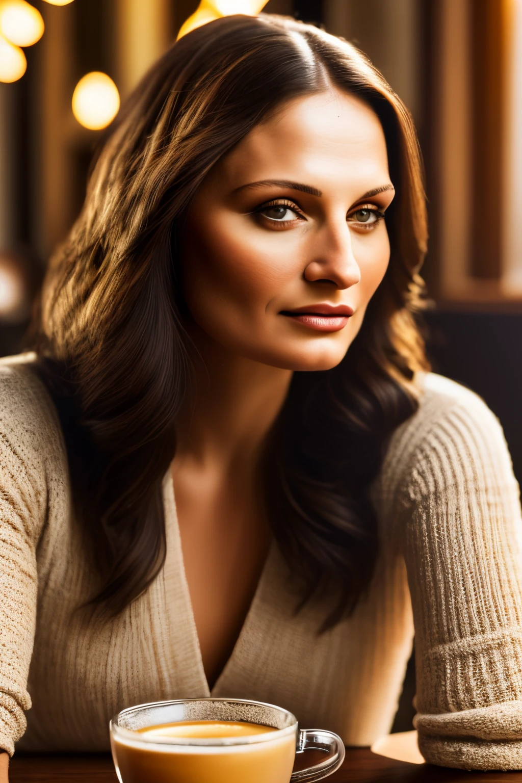Photograph, an awe-inspiring macro close-up of realistic Mona Lisa sitting in a coffee shop drinking a caffè latte, golden hour, The image is expertly taken at 135mm with a wide aperture of f2.8, allowing for stunning details. Embrace a hyper-realistic style, highlighting every intricate line and texture. Utilize natural tones and warm accents to evoke an alluring and beautiful feeling, volumetric lighting, poster, high speed photography, vibrant, 3d render, photo