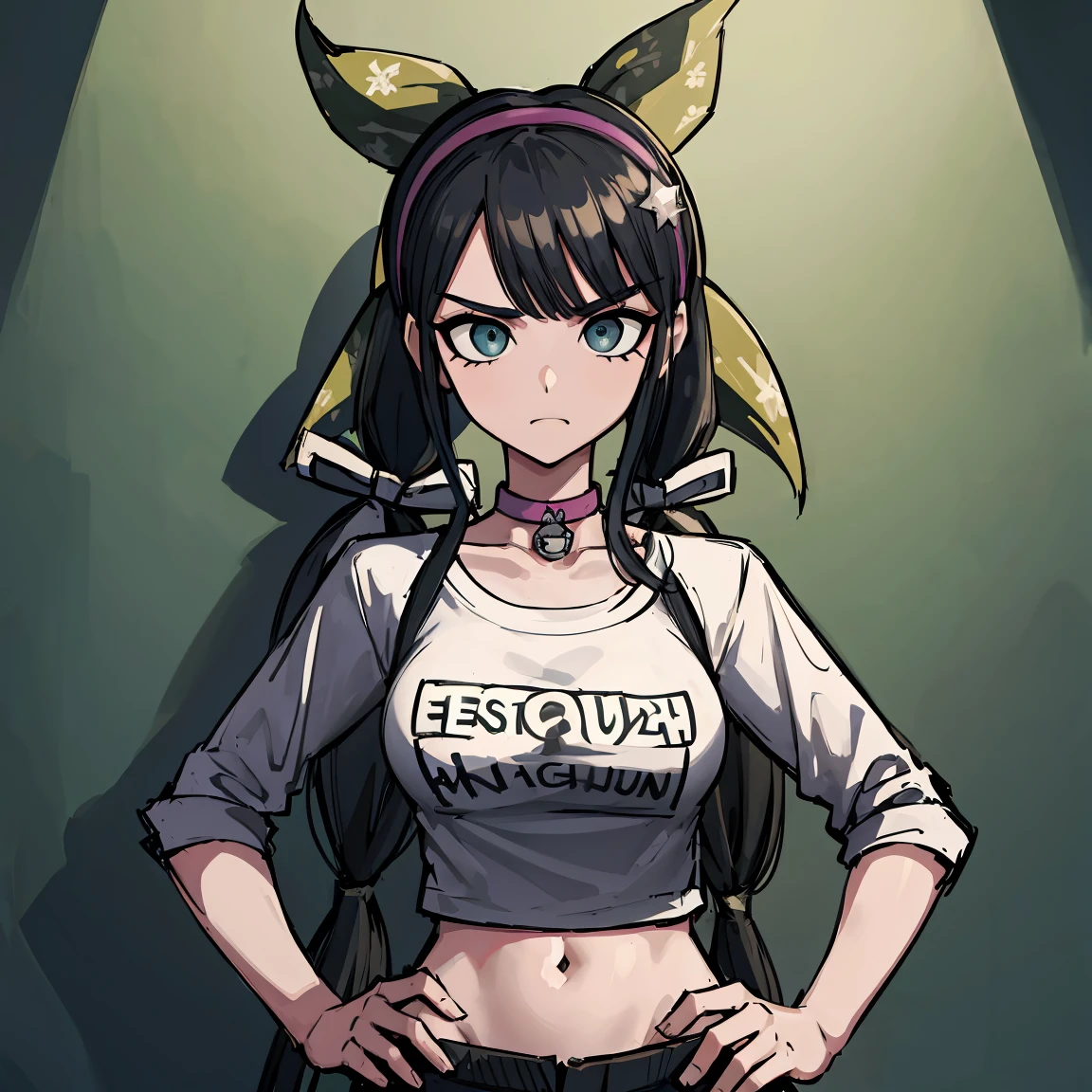 (absurdres, 8k, 4k, masterpiece, hyper extreme detailed:1.2), solo, front view portrait, best quality, portrait, solo, adult, cowboyshot, perfect anatomy, 1girl, perfect face, expressive eyes, perfect eyes, t-shirt, standing up, standing against wall, chabashira tenko, twintails, hair ribbon, hairband, choker, streetwear, graphic t-shirt, jacket, black shorts, hands on hips, large bust,