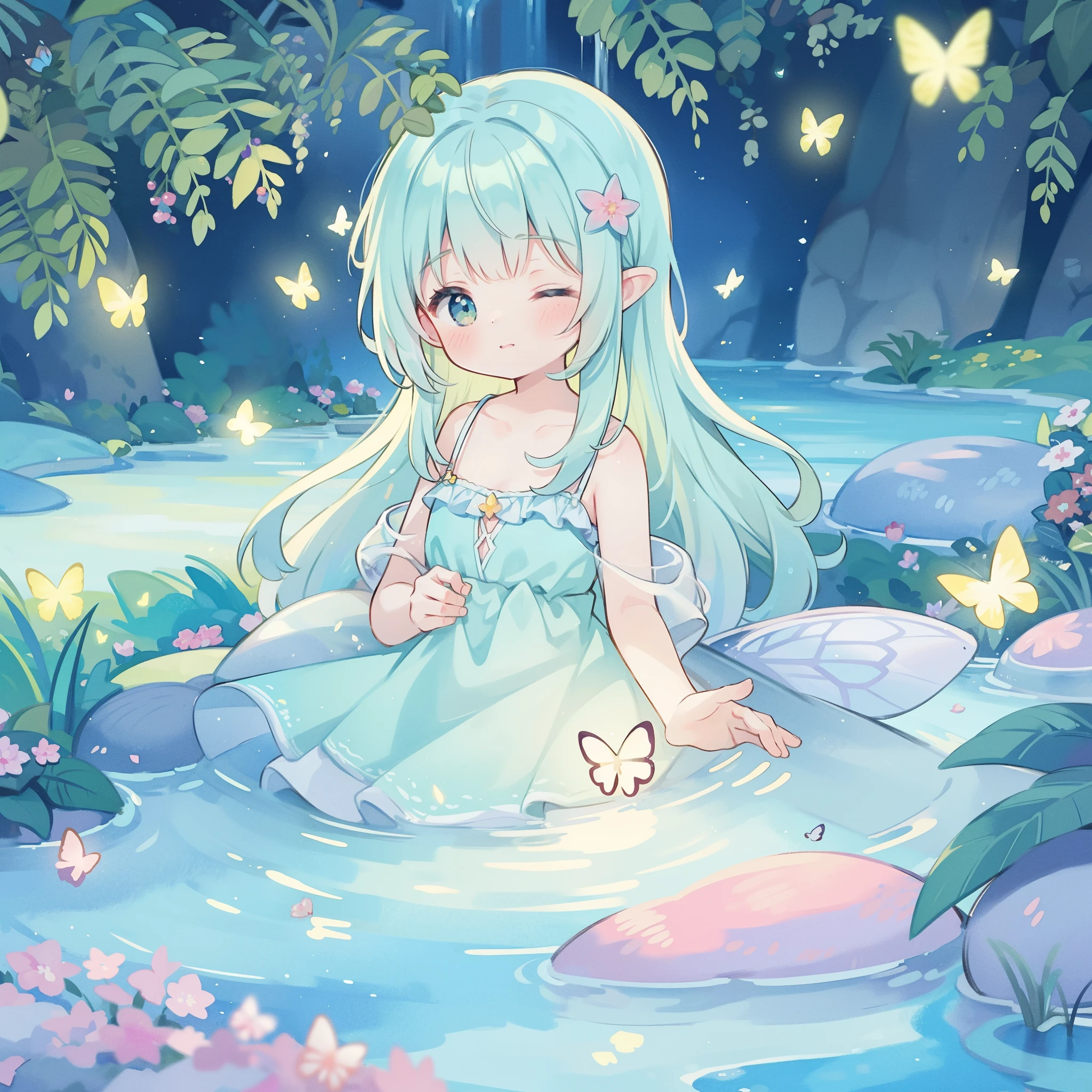 watercolor illustration, vibrant pastel colors, dreamy, colorful, whimsical, magical, masterpiece, best quality, sharp focus, intricately detailed environment, fine detail, 8k resolution, waterfall lagoon, (magical lagoon), (waterfall, lake), glowing lights, fireflies, glowing butterflies, fairy creatures, glowing fairies