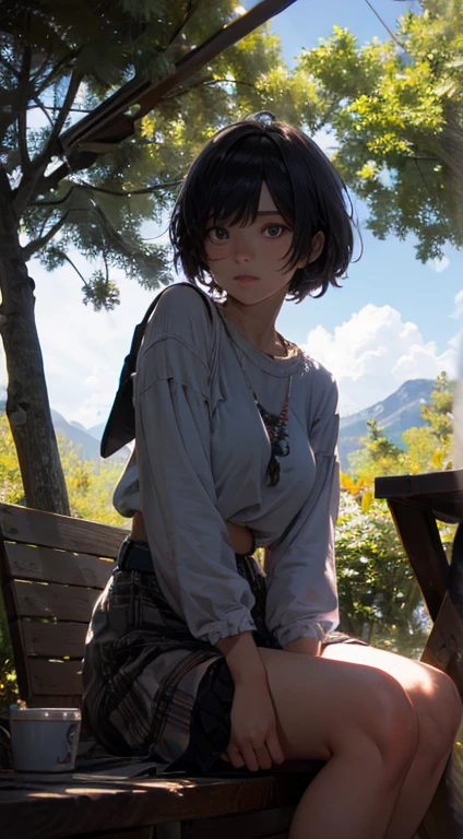 girl, sitting, side shot, (sky:1.3), (masterpiece, best quality, perspective, depth of field:1.5), flowers, rocky mountain, woods, beautiful face, thighs, from below, 8k, raw photo, absurdres, impressionism, (Tom Thomson, Claude Monet, Joaquín Sorolla, James Wilson Morrice, John Fabian Carlson, Hugh Henry Breckenridge:0.8), HDR, photorealistic, film grain, chromatic aberration, highres, ultra detailed, finely detail, dynamic lighting, dramatic lighting, shadow, sharp focus, extremely detailed eyes and face, sharp pupils, realistic pupils