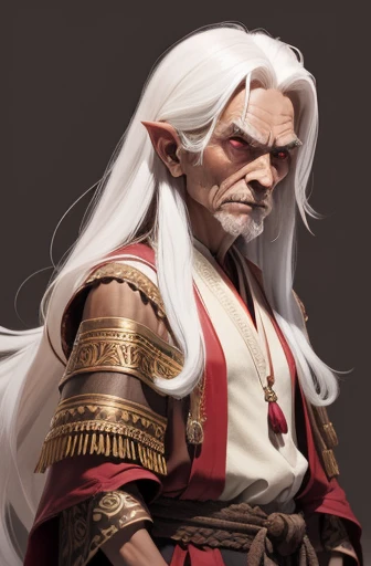 masterpiece, best quality, 1 old granny, brown skin, white hair, long hair, skinny, ugly, scary, very old, Indonesian, red magic robes, simple background, solo, upper body