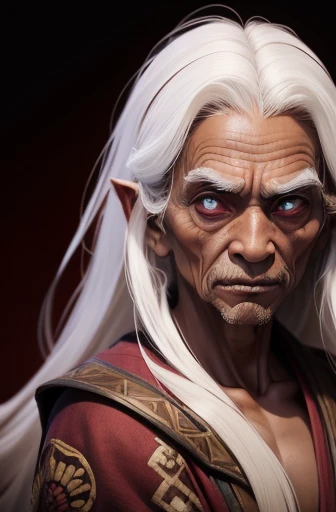 masterpiece, best quality, 1 old granny, brown skin, white hair, long hair, skinny, ugly, scary, very old, Indonesian, red magic robes, simple background, solo, upper body
