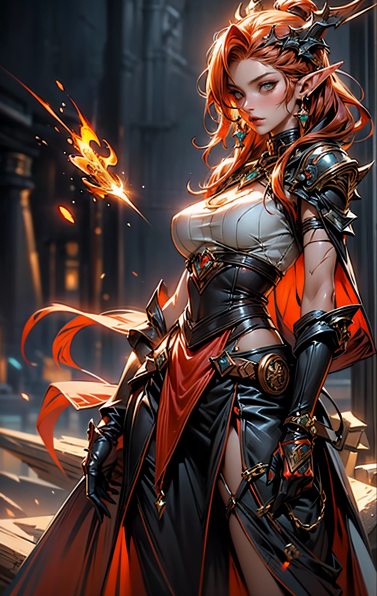 Create a character inspired by the Aries zodiac sign. The character is a dynamic and confident individual, with a strong presence and fiery personality. They have short, tousled red hair, sharp and determined green eyes, and a fair complexion with a hint of freckles. Their attire is a mix of modern and ancient warrior styles, featuring a red and gold color scheme. They wear a fitted leather jacket over a lightweight armor, with intricate designs that symbolize strength and bravery. The character carries a spear and has a fierce, courageous expression. In the background, include elements that represent Aries, such as a ram and flames.
