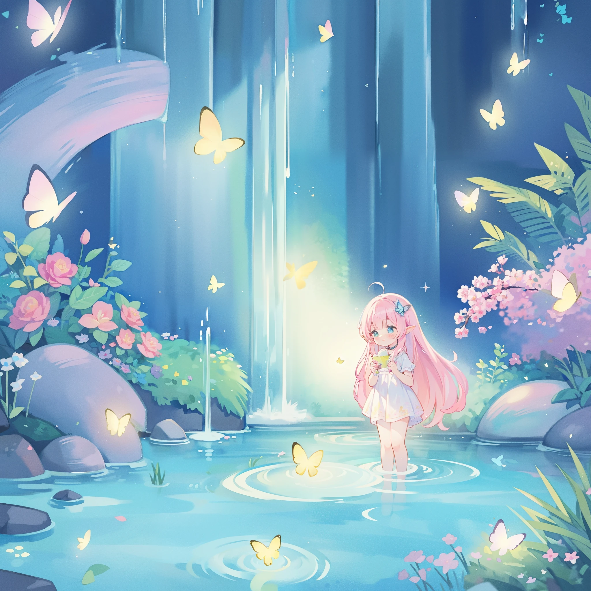 watercolor illustration, vibrant pastel colors, dreamy, colorful, whimsical, magical, masterpiece, best quality, sharp focus, intricately detailed environment, fine detail, 8k resolution, waterfall lagoon, (magical lagoon), (waterfall, lake), glowing lights, fireflies, glowing butterflies, fairy creatures, glowing fairies