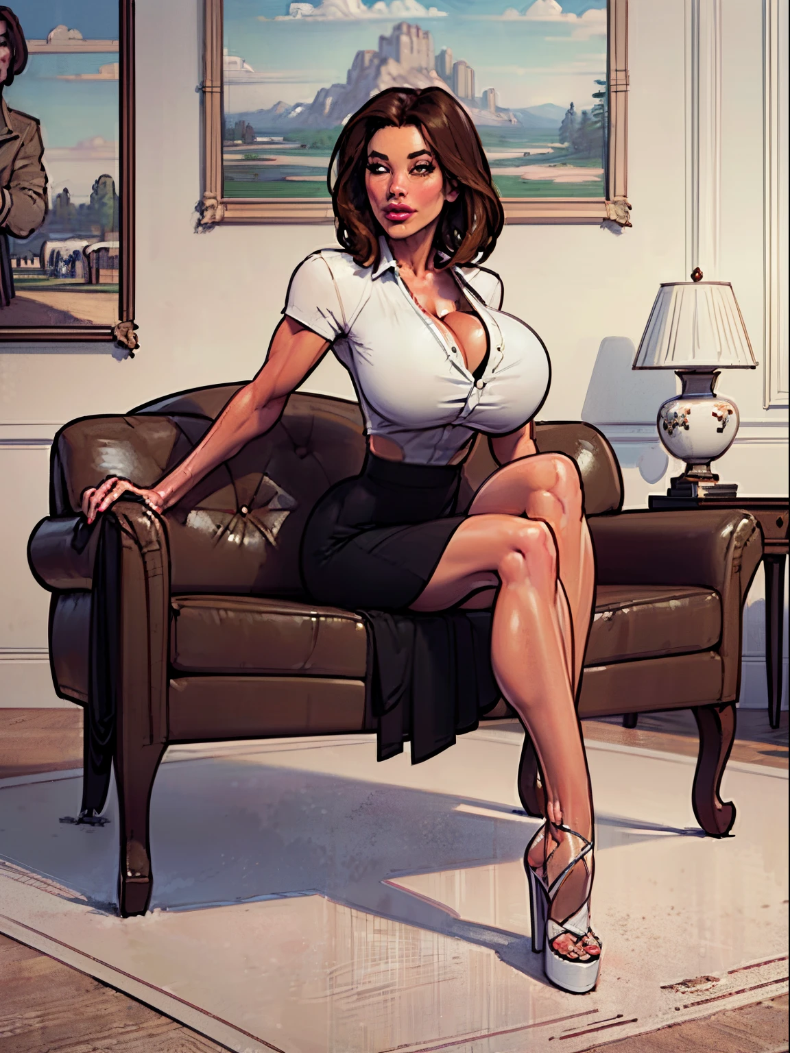 ((Best quality, 8k, Masterpiece :1.3)), pretty woman, 1girl, huge breasts :1.3, (firm abs, slender figure :1.1), lustful, dark brown hair, (sitting on couch, crossed legs, skirt :1.1), ultra-detailed face, detailed lips, detailed eyes, double eyelid